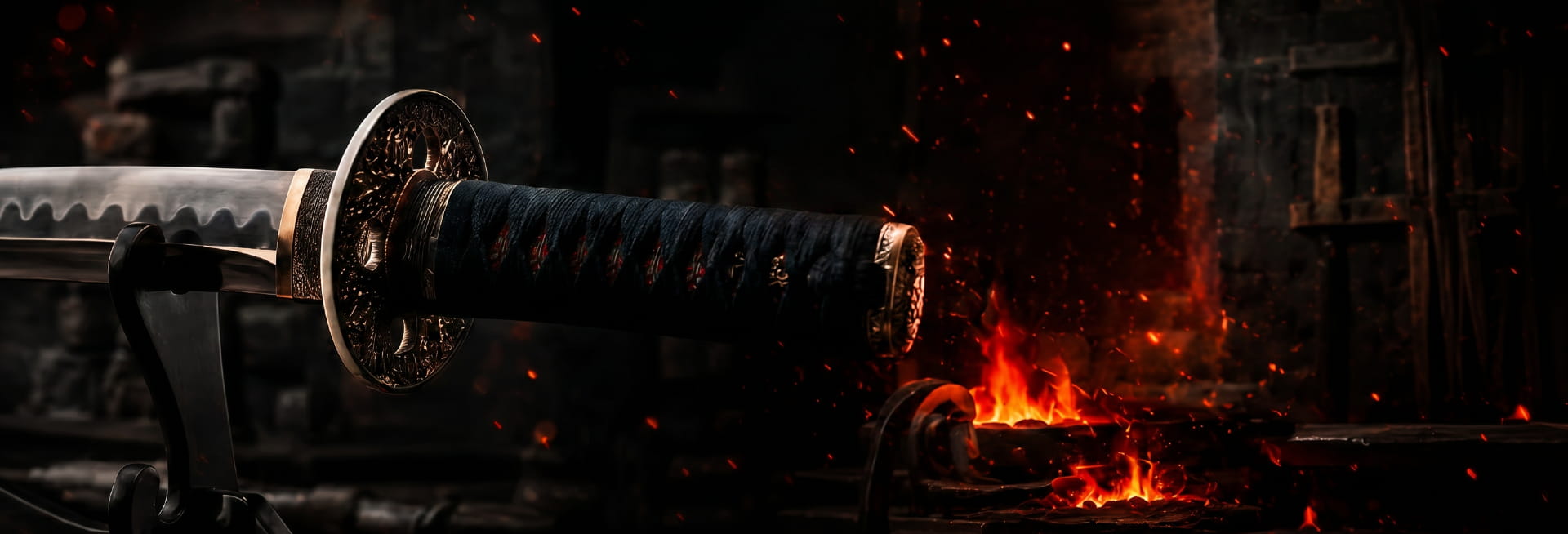Japońska katana na stojaku przed kuźnią